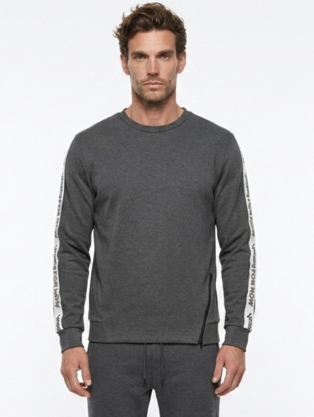 Men's Gray Crewneck Knit Long Sleeve Logo Tape Down Arms Size Large